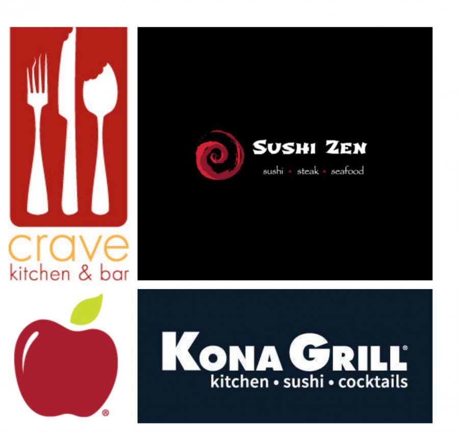 Photo courtesy of Crave Kitchen and Bar, Sushi Zen, Applebees, and Kona Grill.