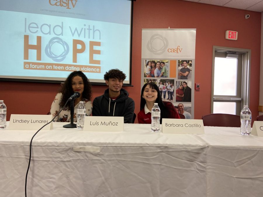 Junior Barbara Castillo alongside Lindsey Lunares and Luis Munoz on the panel. They were asked questions ranging from preventative measures to incidents witnessed. Photo courtesy of author.