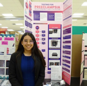 Samantha Perez, prepared to present her complex prototype to judges at Sun City Regional Science Fair. Her prototype could potentially save the lives of women and unborn children at a low cost. Photo courtesy of the Loretto Academy Instagram.
