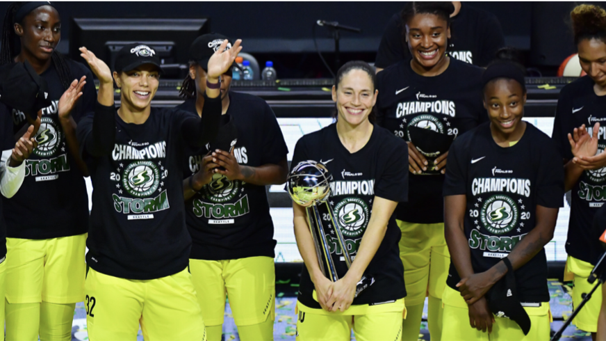 Seattle Storm celebrates winning the 2020 WNBA Finals. After three short games, the Storm swept the Aces.