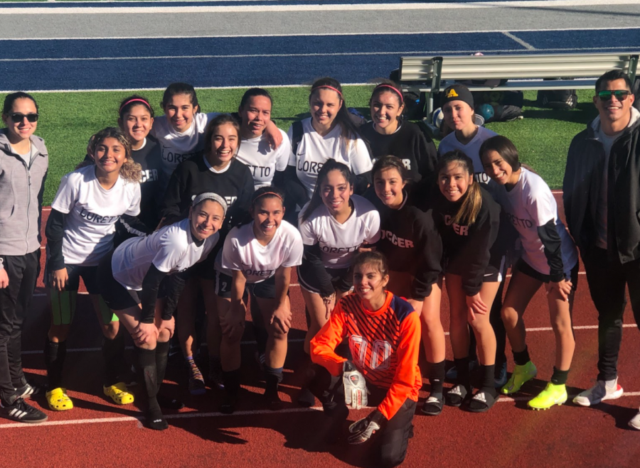 The 2019-2020 Loretto soccer team. The team is at Mountain View High School celebrating their win against Mountain View.