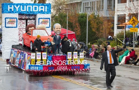 Former mayor of El Paso, Oscar Leeser, in front of the Hyundai float on last year’s Thanksgiving Parade. Providing funds to allow the parade to proceed.