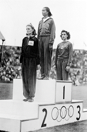 Alice Coachman on the medal stand after winning the high jump in the 1948 London Olympics. Coachman was the first black woman to win a gold medal in the Olympics.
