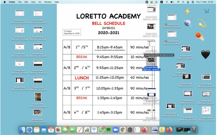 A typical desktop visual of a Loretto Academy student through virtual learning. Numerous documents, many apps opened, and the Loretto Academy bell schedule being the key components of this laptop. 