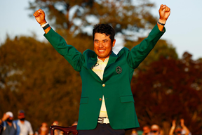 Hideki Matsuyama celebrates his first Masters win in his green jacket. After four long days of golf, Matsuyama clutched the win by one stroke.