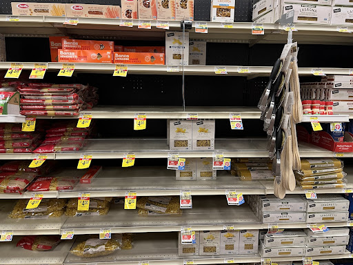 Empty shelves at the Albertsons on North Desert Boulevard in El Paso, Texas. According to Feeding America, the food insecurity rate in El Paso County is 14.6%. 