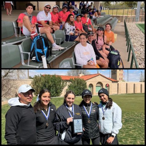 (Top) Lorettos tennis team at the state tournament in Waco, Texas. (Bottom) Lorettos golf team at regionals in San Antonio. Many senior athletes are nearing the end of their athletic season and saying their goodbyes to their teammates, coaches and athletic director, Ms. Glover. Photo courtesy of Jayne Nowak and Mariana Castillo

