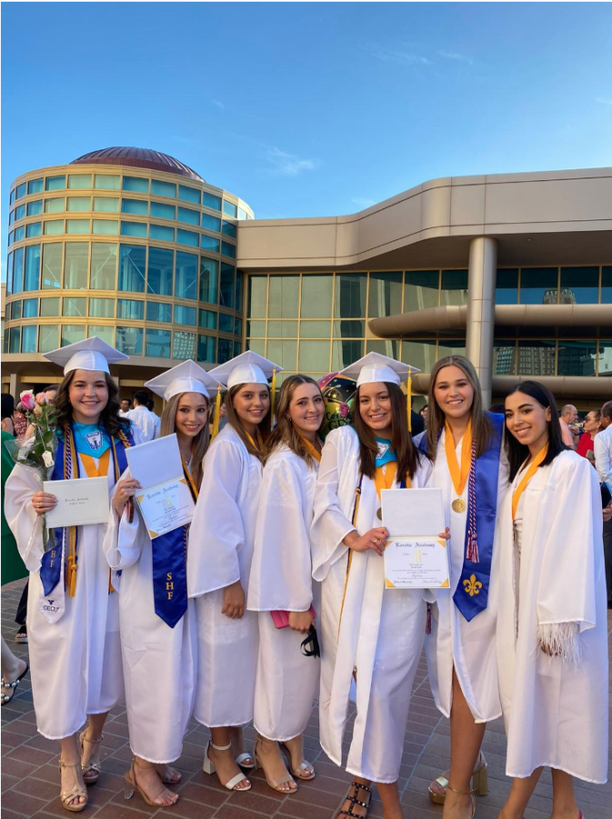 Several seniors (from left to right: Sofia Sapien, Monserrat Anaya, Paulina Bermudez, Sofia Gonzalez, Natalia Caro, Valentina Peraza, and Mariana Chacon) are shown after their graduation ceremony at the Abraham Chavez Theater in El Paso, Texas on Sunday May 16, 2022. They proudly show their diplomas and many are dressed with awards that recognize their hard work and merrit. Photo courtesy of Patricia Fernandez
