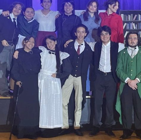The cast of Little Women takes a picture together after the play. All of the actors are seen in the Little Theater with their costumes and makeup on. Photo courtesy of Catherine Torres
