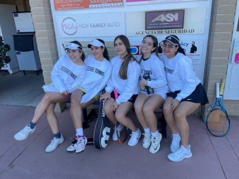 The tennis girls represent Loretto in matching sweatshirts as they prepare for a match. Pictured from left to right: Lillian Fernandez, Roberta Gonzalez, Grecia Mares, Emma Isaac, and Georgina Ramirez. Photo courtesy of Roberta Gonzalez