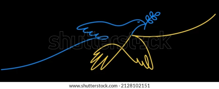 A dove is depicted in blue and yellow, the colors of Ukraine’s flag. The olive branch symbolizes peace. Photo courtesy of Shutterstock
