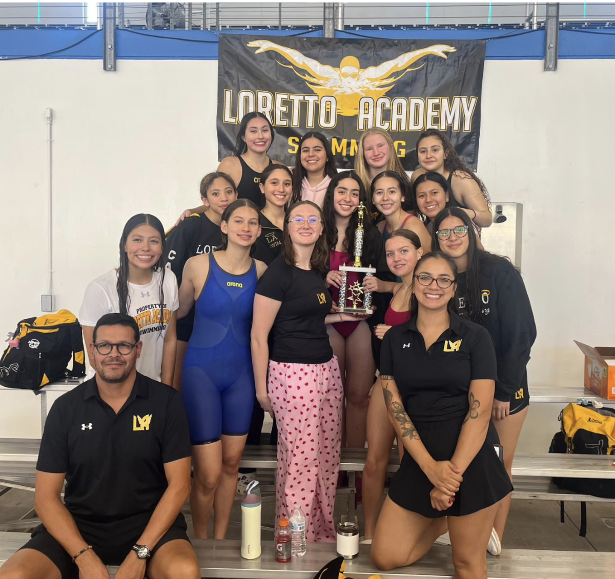 The Loretto Swim team 2025-2026 season. The Angels placed 3rd at the Loretto and Cathedral Invitational. Photo courtesy of Laura Olvera-Escobar.
