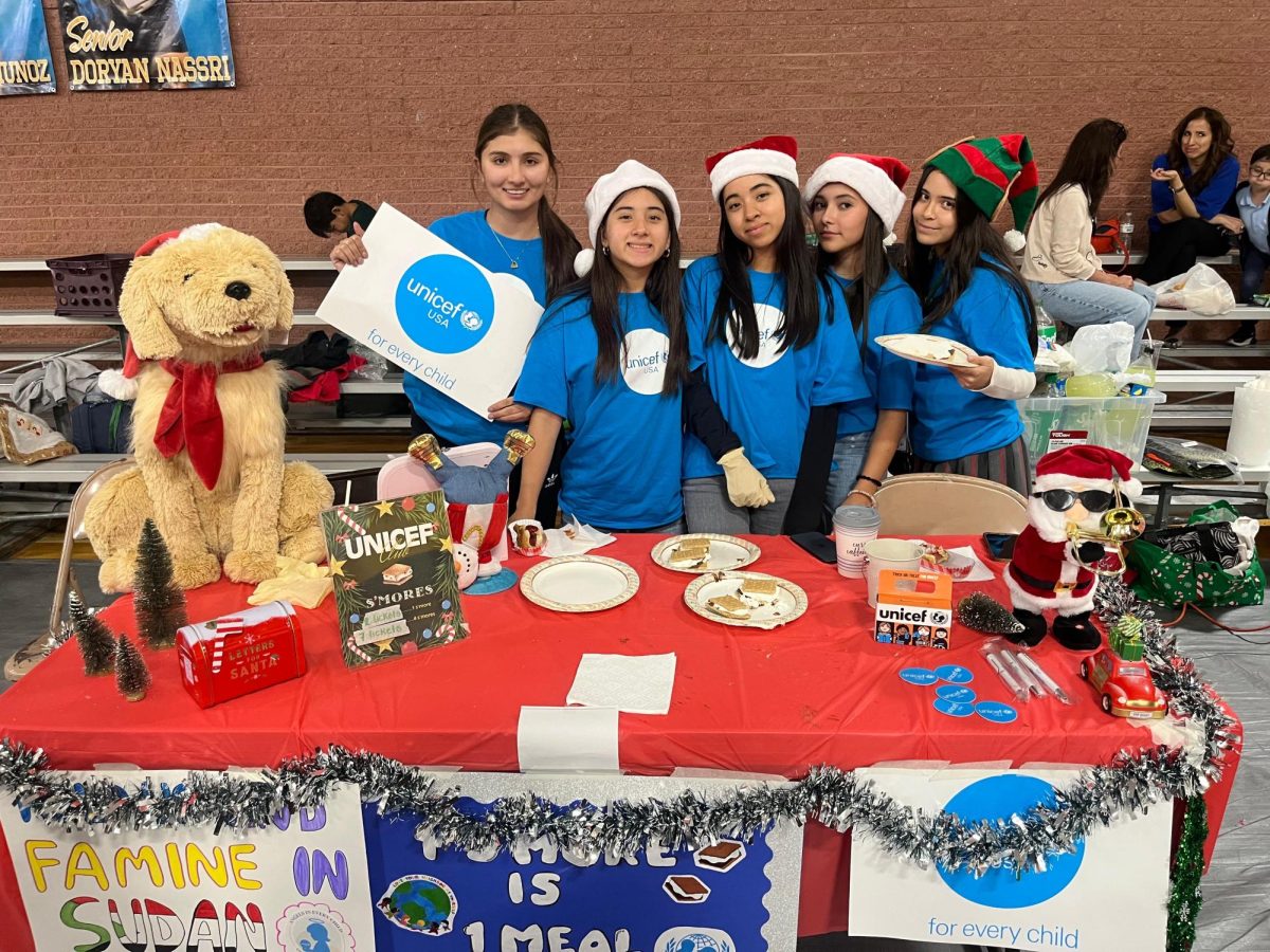 Members of UNICEF were selling s’mores at Jingle Mingle with posters decorating their table. The posters were to raise awareness of world events happening across the globe. Photo courtesy of Viviana Liano. 
